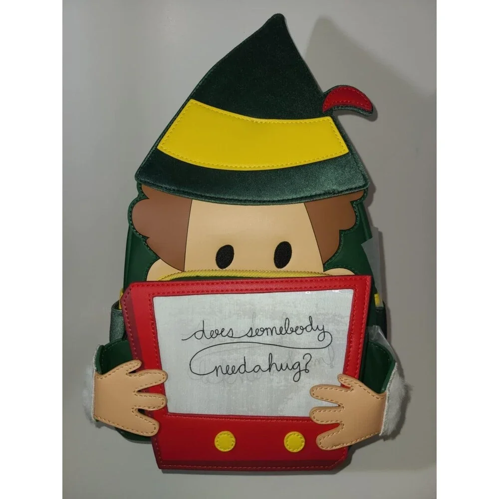 New Loungefly Christmas Elf Movie Backpack, Holographic Sign, Velvet Hat NEW
